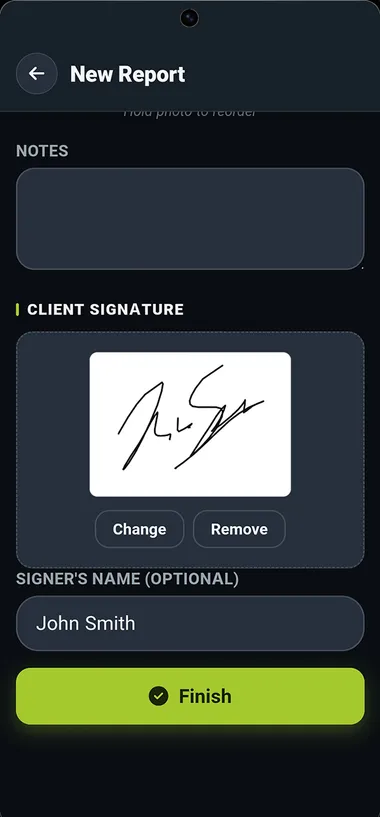 Client signature captured in the app